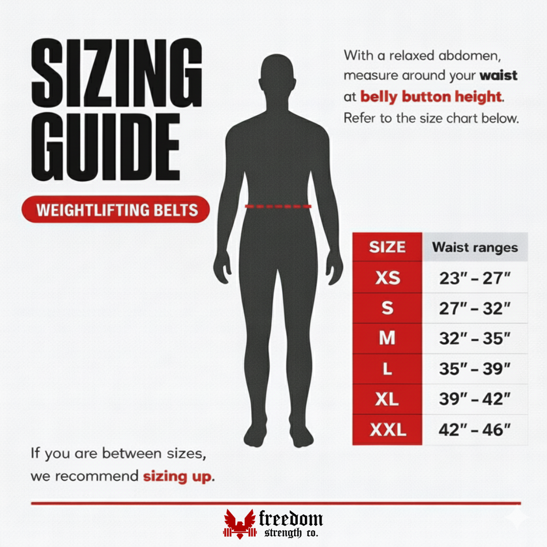 Sizing guide for weightlifting belts with a silhouette of a person and waist measurement chart.