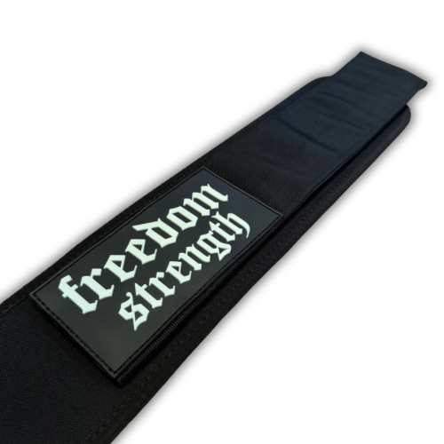 Freedom strength 4" black nylon weightlifting belt with rubber patch logos