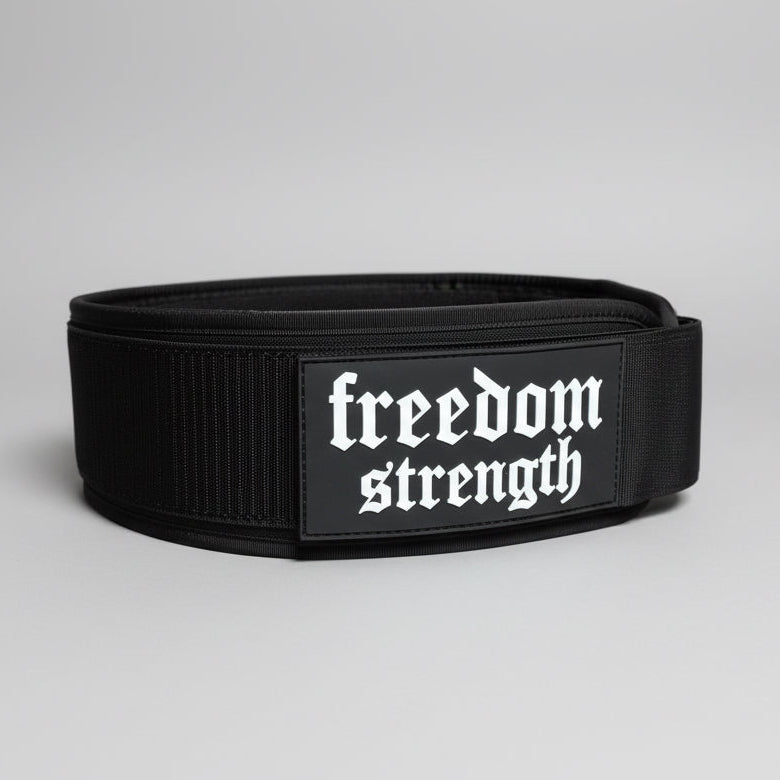 Freedom Strength nylon weightlifting belt with rubber patch logos